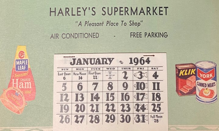 Calendar from Harley's Supermarket for January 1964